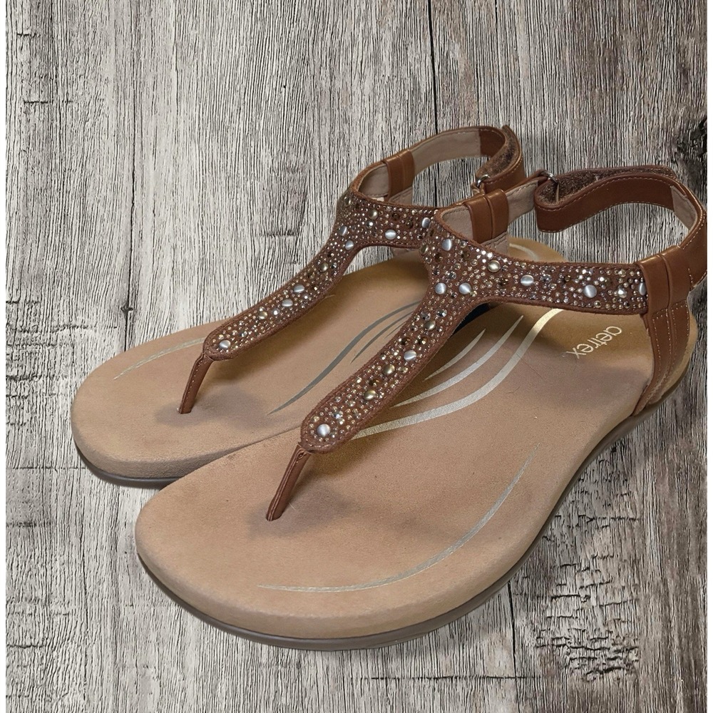 Aetrex Lindsey Embellished Arch Support Memory Foam Sandal Cognac 8.5 - Picture 2 of 6